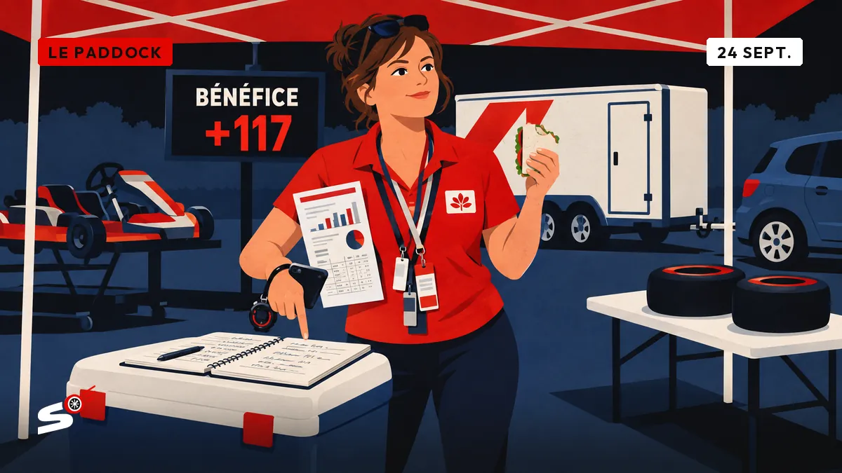 Fabienne compare sous sa tonnelle un rapport financier imprimé à son carnet de comptes du karting.