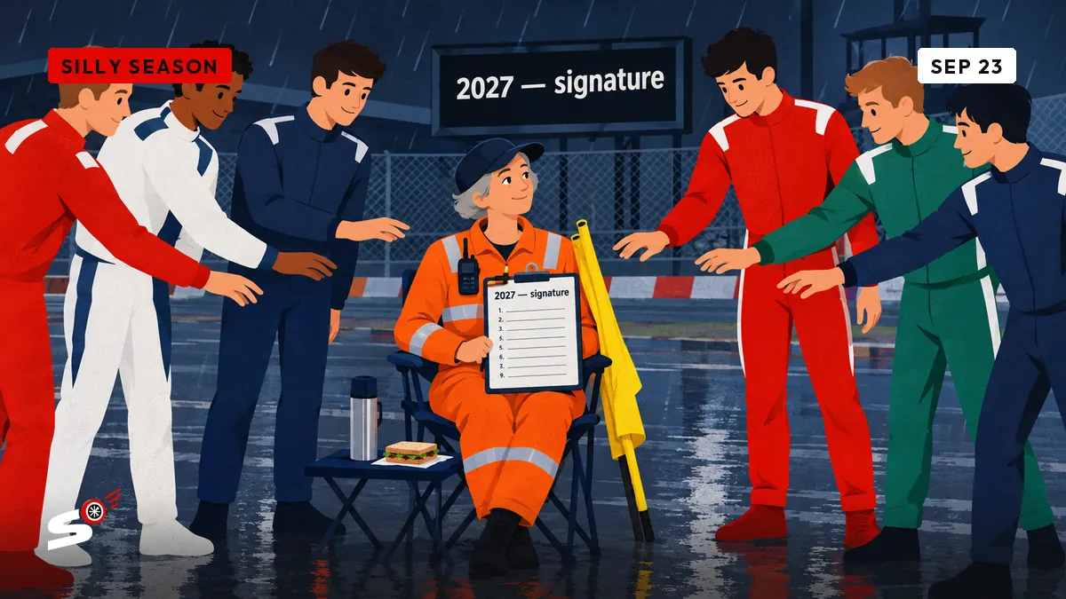 A female marshal in orange overalls sits on a camping chair in the rain holding a 2027 attendance sheet with nine blank lines. Several drivers queue, each hand reaching toward the single pen without taking it. A double yellow flag leans against the chair.
