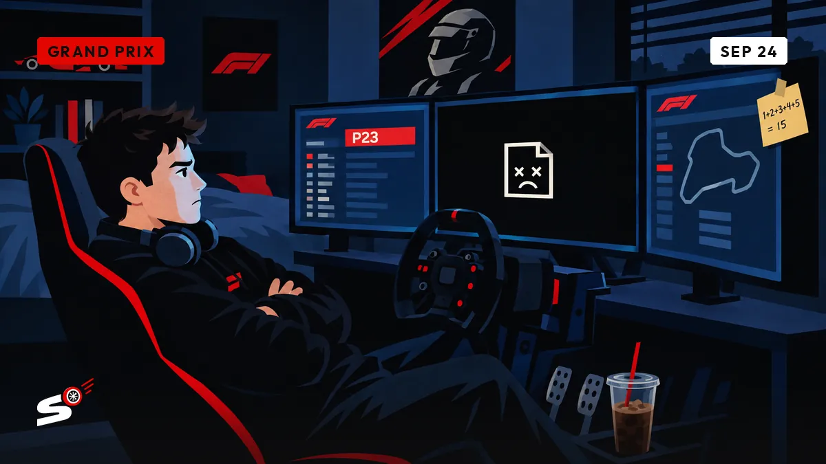 Nathan in his bedroom cockpit rig, screen showing a black error instead of the starting grid.