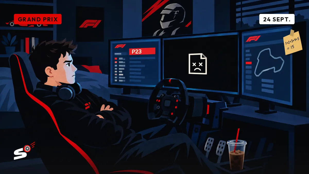 Nathan dans son cockpit de chambre, écran affichant une erreur noire à la place de la grille de départ.