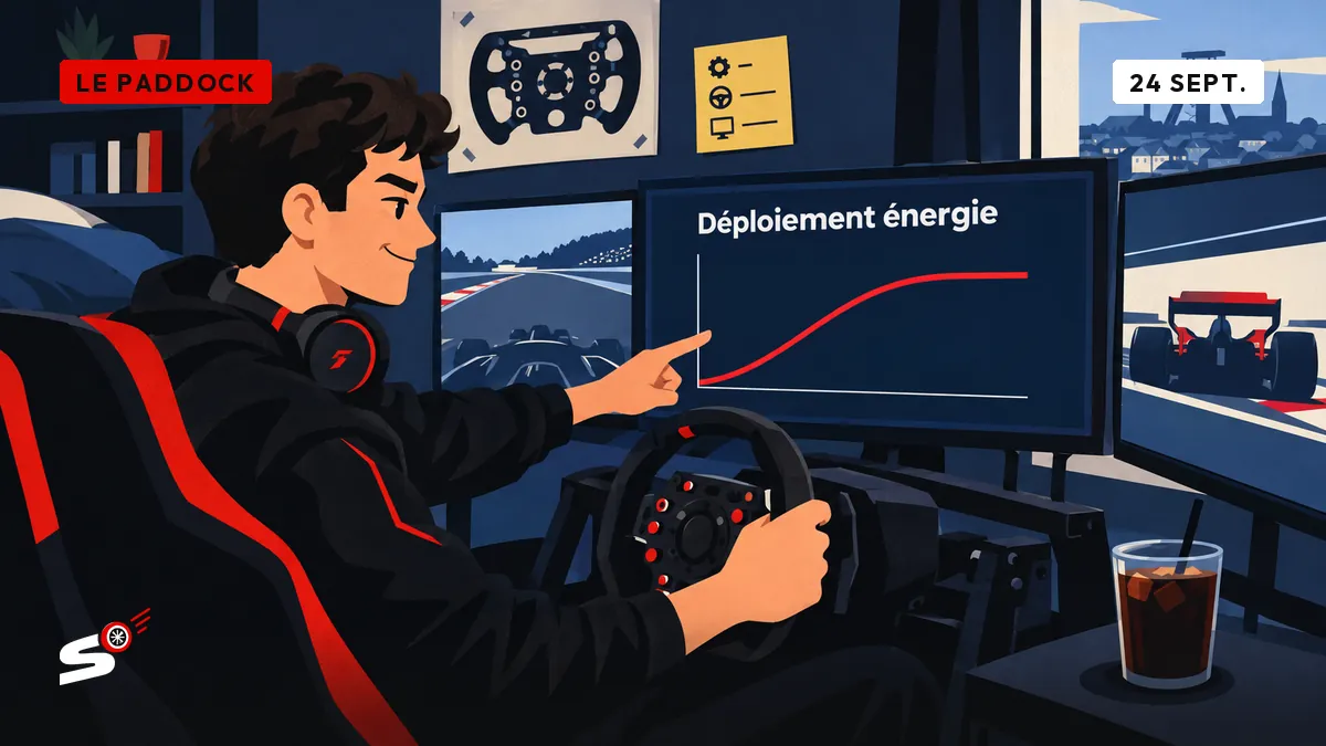 Nathan, dans son cockpit-chambre à Genk, montre fièrement une courbe d'énergie lissée sur son écran de simulateur.