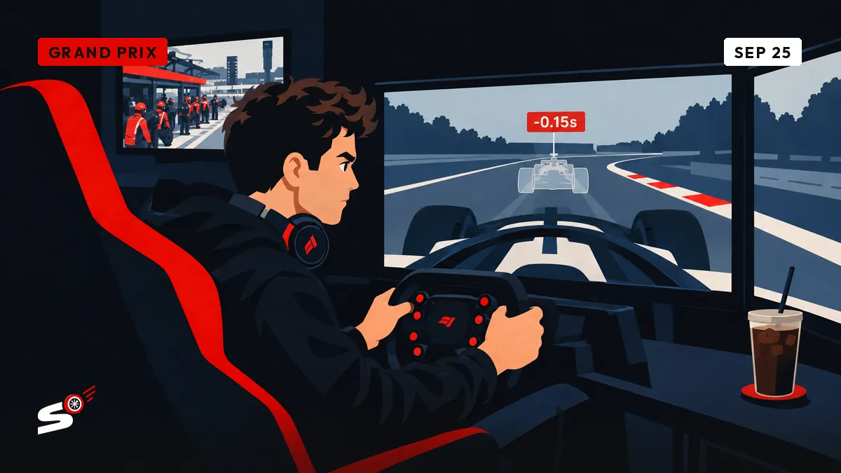 Nathan, in his cockpit bedroom in Genk, replays a lap with a ghost car to gain a tenth and a half.