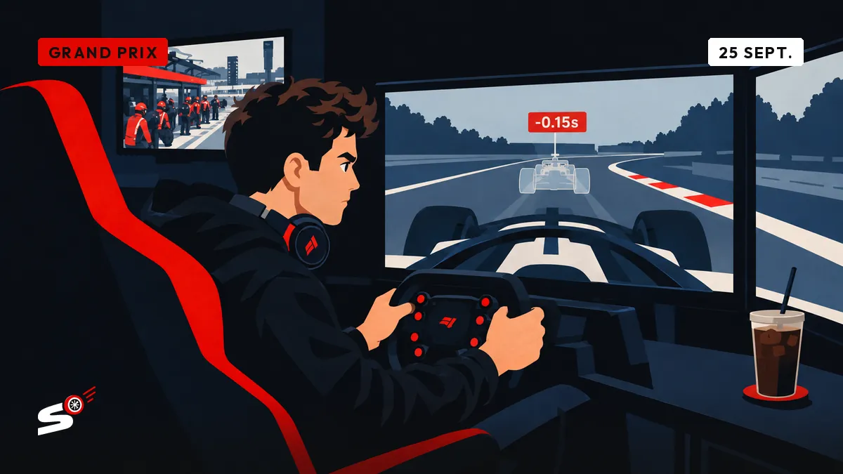 Nathan, dans sa chambre-cockpit à Genk, rejoue un tour avec une voiture fantôme pour gagner un dixième et demi.