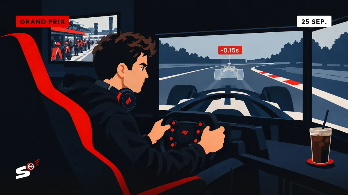 Nathan herhaalt in zijn cockpitkamer in Genk een ronde met een spookauto om anderhalve tiende te winnen.