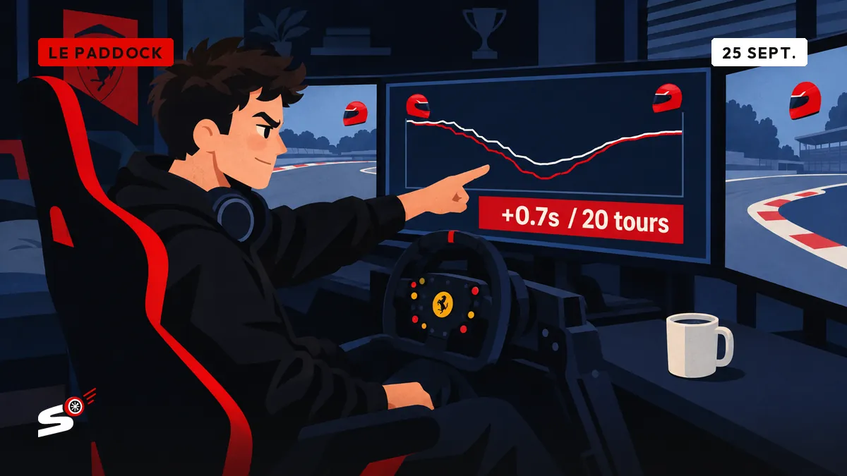 Nathan, dans son cockpit-chambre à Genk, compare deux tracés de tours superposés sur ses écrans.