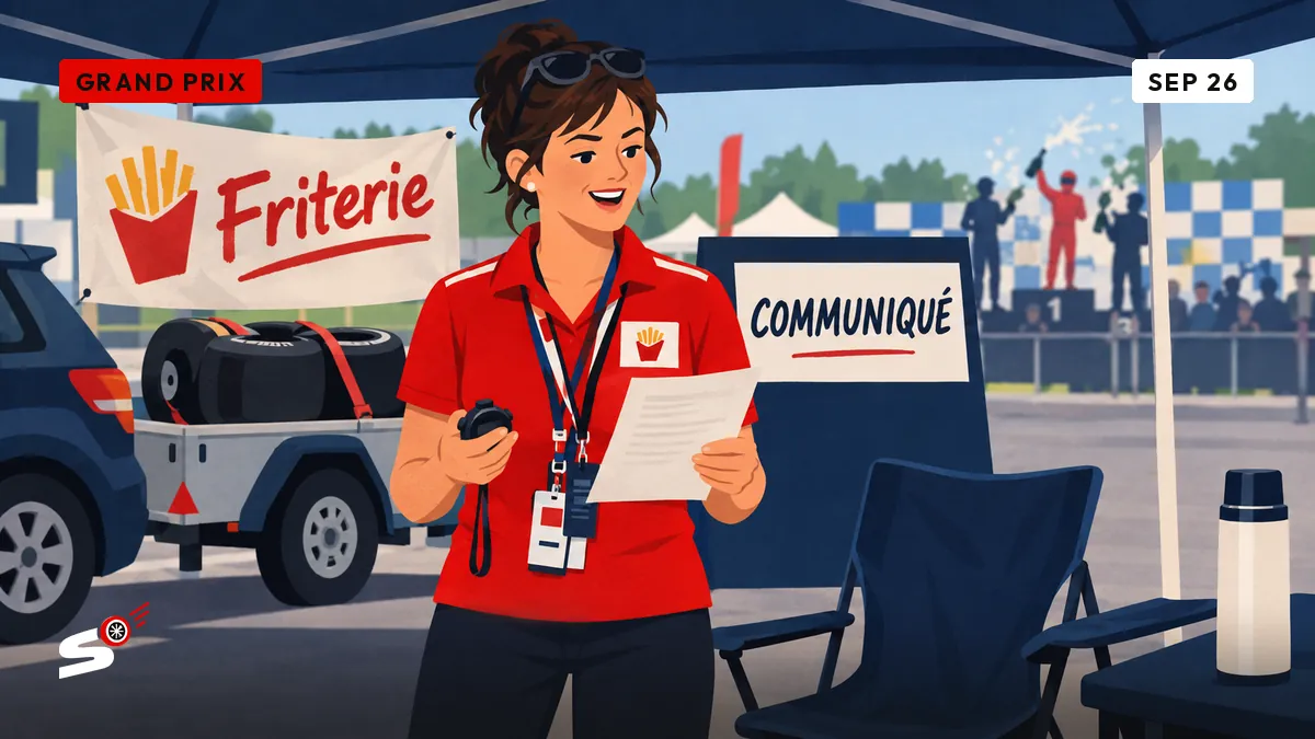 Fabienne reads a press release under her karting tent, trailer and tires behind her, a tiny podium scene visible in the distance.