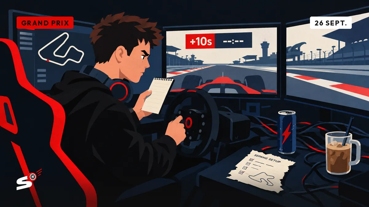 Nathan dans son cockpit de simulateur à Genk observe un compteur de pénalité de dix secondes sur son écran.