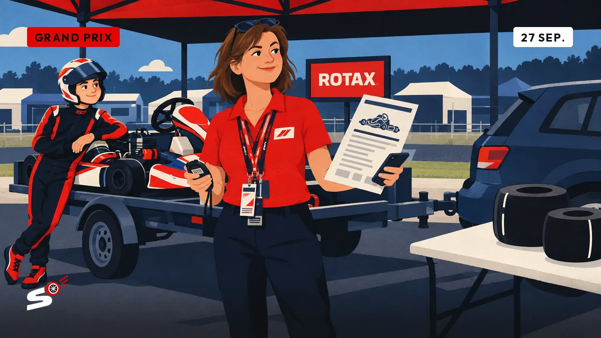 Een teammanager toont het technisch fiche van een Rotax-motor onder een tent, naast een kart op aanhangwagen.