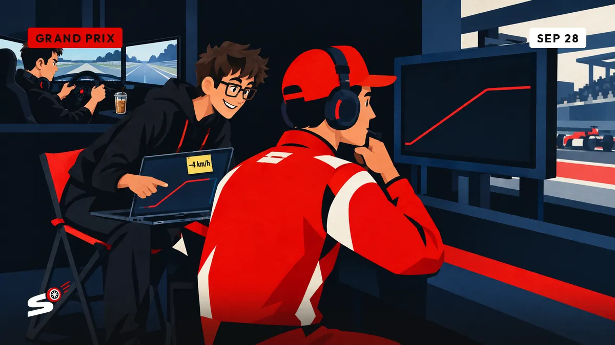 A generic driver at the pit wall studies a flattening speed trace while a young enthusiast compares the same curve on his laptop.