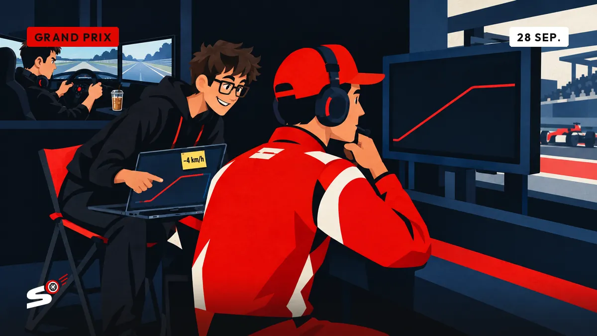 Een generieke coureur bekijkt aan de pitmuur een snelheidscurve die afvlakt, terwijl een jonge fan dezelfde curve op zijn laptop vergelijkt.