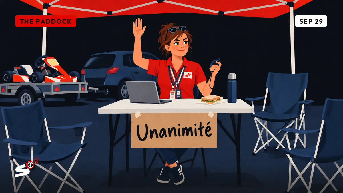 Fabienne, seule sous une tonnelle, lève la main pour voter à l'unanimité, entourée de chaises vides, d'un kart et d'un sandwich.