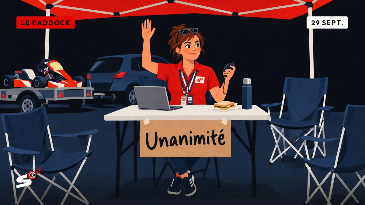 Fabienne, seule sous une tonnelle, lève la main pour voter à l'unanimité, entourée de chaises vides, d'un kart et d'un sandwich.