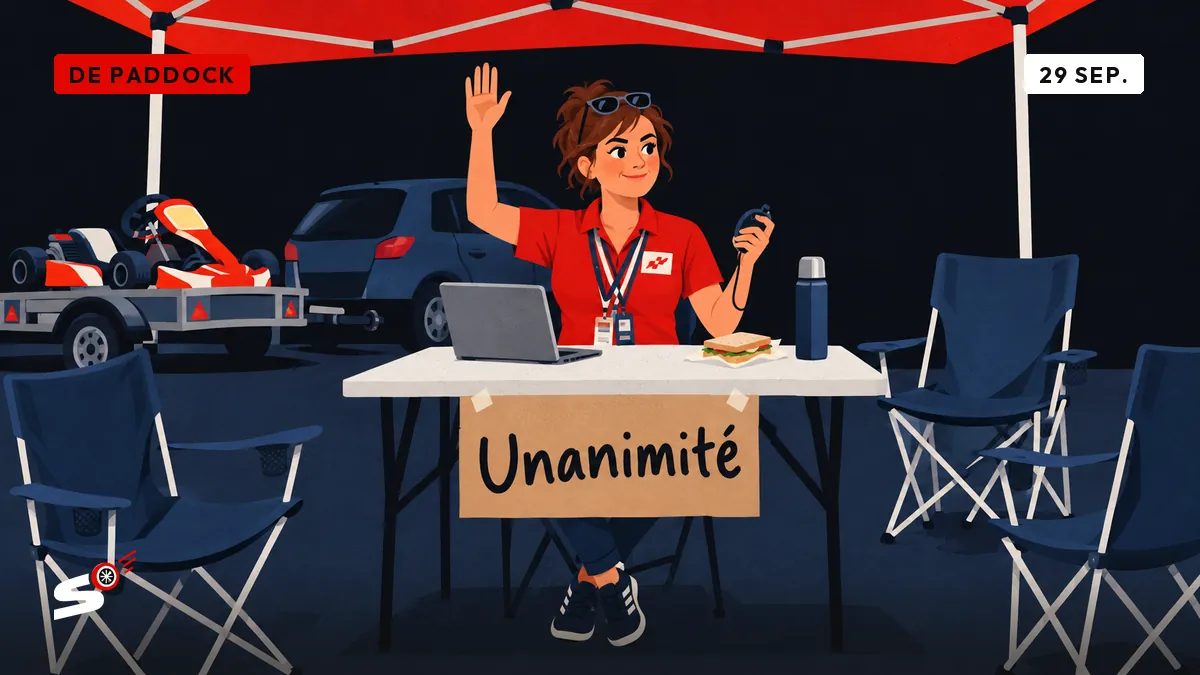 Fabienne, seule sous une tonnelle, lève la main pour voter à l'unanimité, entourée de chaises vides, d'un kart et d'un sandwich.