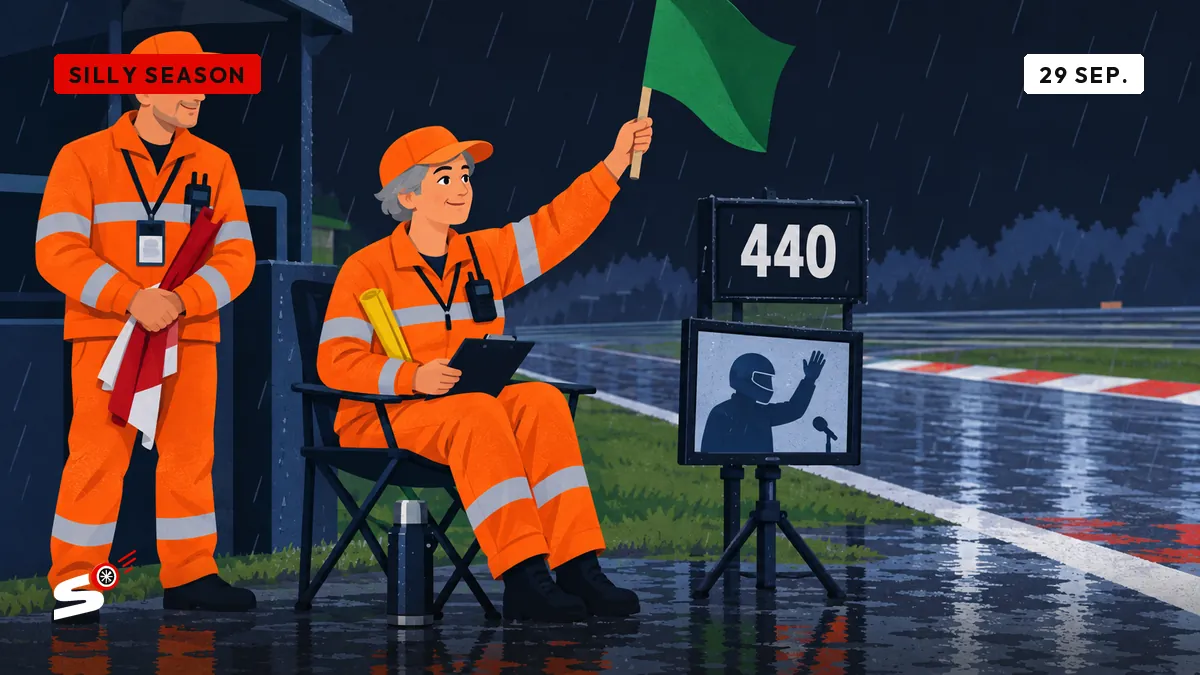 Josiane, en orange sur sa chaise de camping, lève un drapeau vert devant un petit écran où un pilote fait un signe d'adieu.