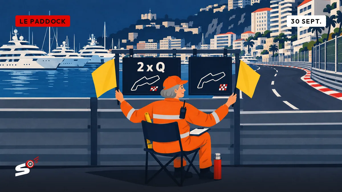 Josiane, en orange sur une chaise de camping, lève deux drapeaux jaunes devant deux tableaux de qualifications, dans une rue de port.