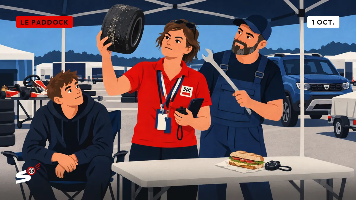 Sous une tonnelle de paddock, Fabienne examine un pneu de kart comme en débriefing, avec un homme à la clé et un jeune assis.