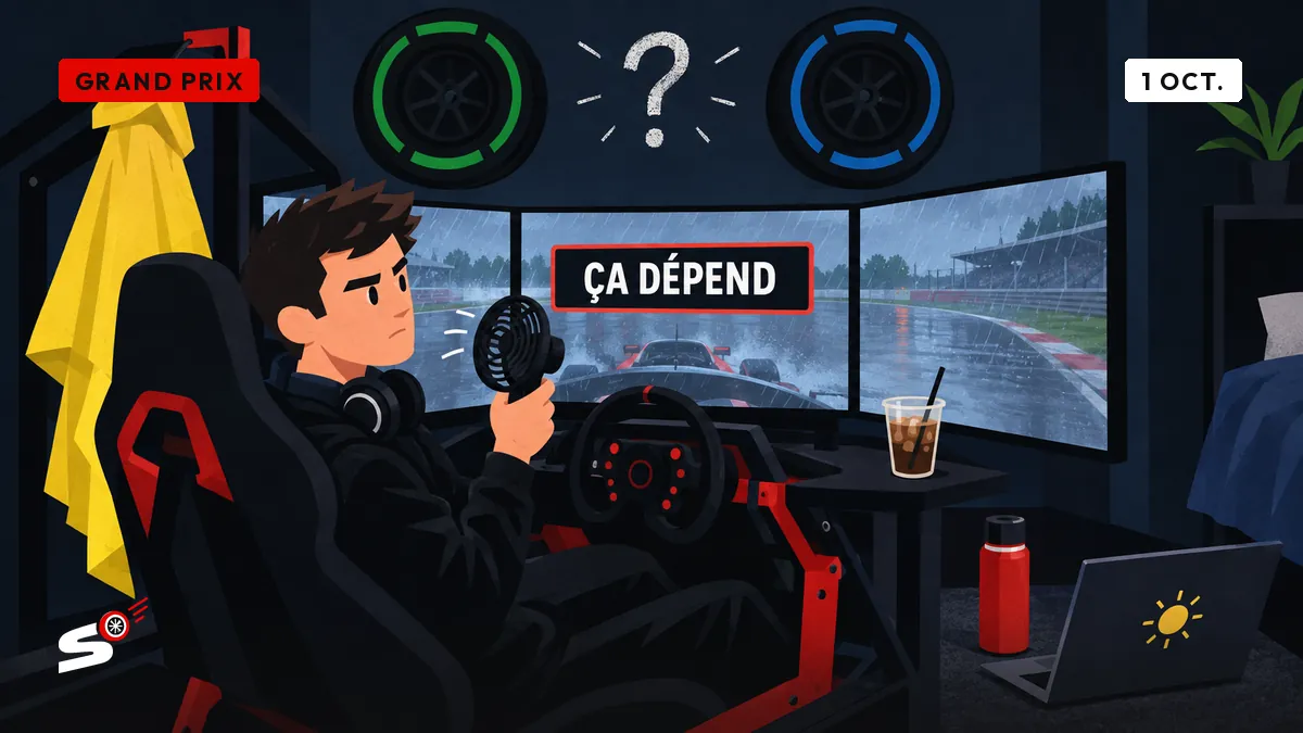 Nathan, dans sa chambre-cockpit, hésite entre un pneu vert et un pneu bleu accrochés au mur, un ciré jaune derrière lui.