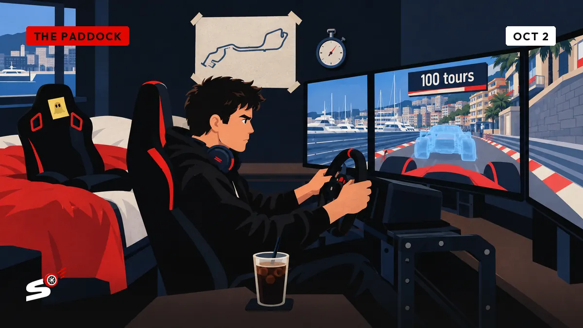 Nathan in his bedroom cockpit follows a ghost car on screen around a city circuit, unable to overtake it.