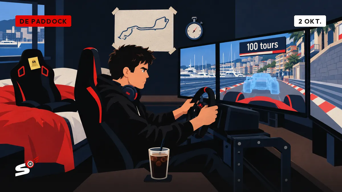 Nathan zit in zijn slaapkamer-cockpit en volgt op het scherm een ghost-auto die hij op een stadscircuit niet kan inhalen.