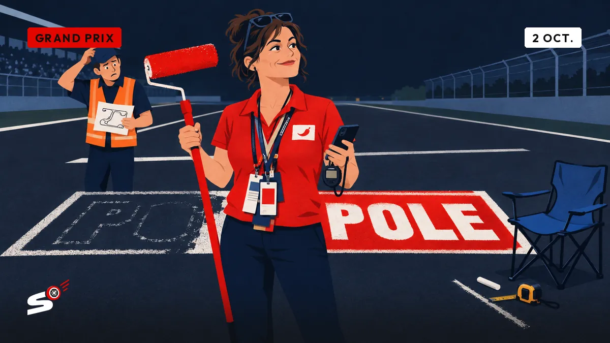 Fabienne tient un rouleau de peinture sur une grille de départ repeinte, la case de pole effacée à gauche et retracée à droite.