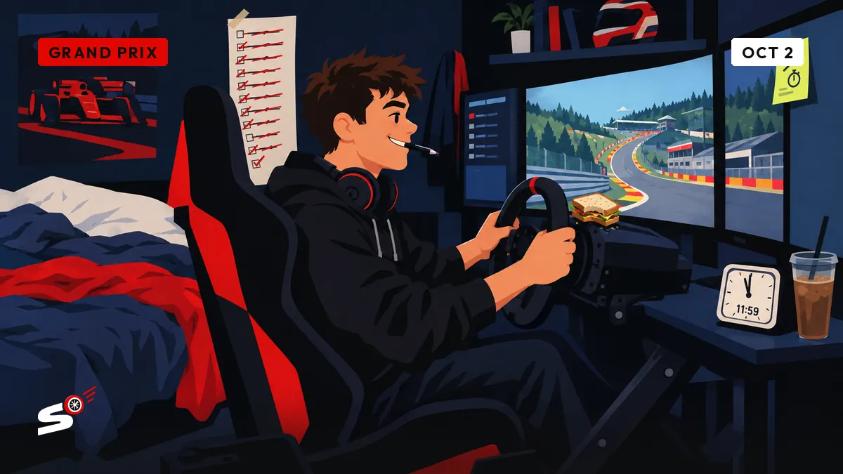 Nathan sits in a sim racing seat in his bedroom, grinning at the screen, a fully ticked-off list of mistakes on the wall and a clock just before noon.