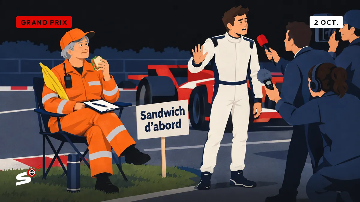 Josiane, en orange, mange son sandwich sur sa chaise pliante avant d'écrire son rapport, pendant qu'un pilote est assailli de micros.