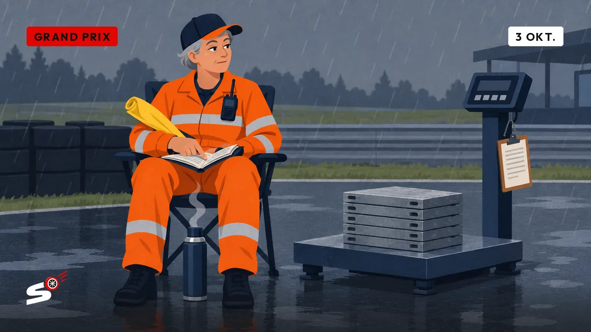 Josiane, in oranje op haar kampeerstoel, thermos aan haar voeten en reglement op de knieën, naast een weegschaal met ballastplaten.