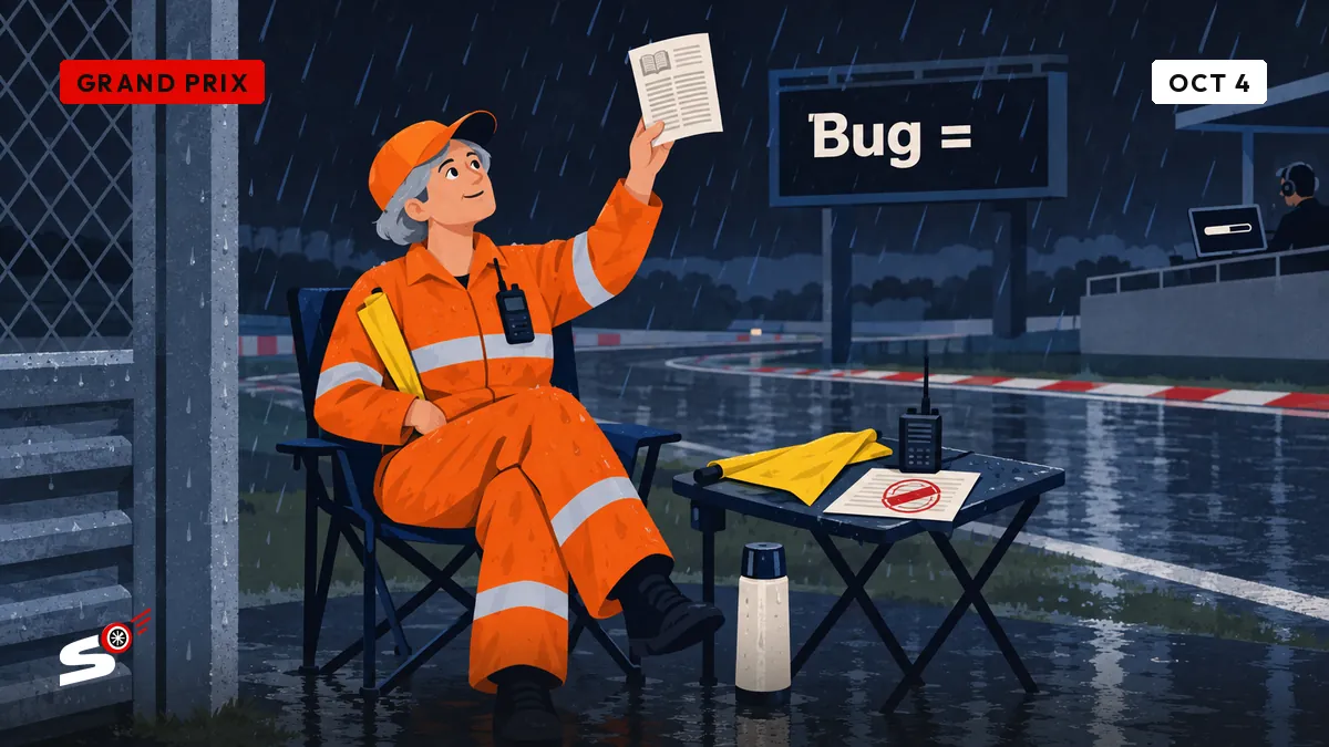Josiane, a marshal in orange, sits on a camping chair in the rain with a thermos, holding up a dictionary page like a flag.