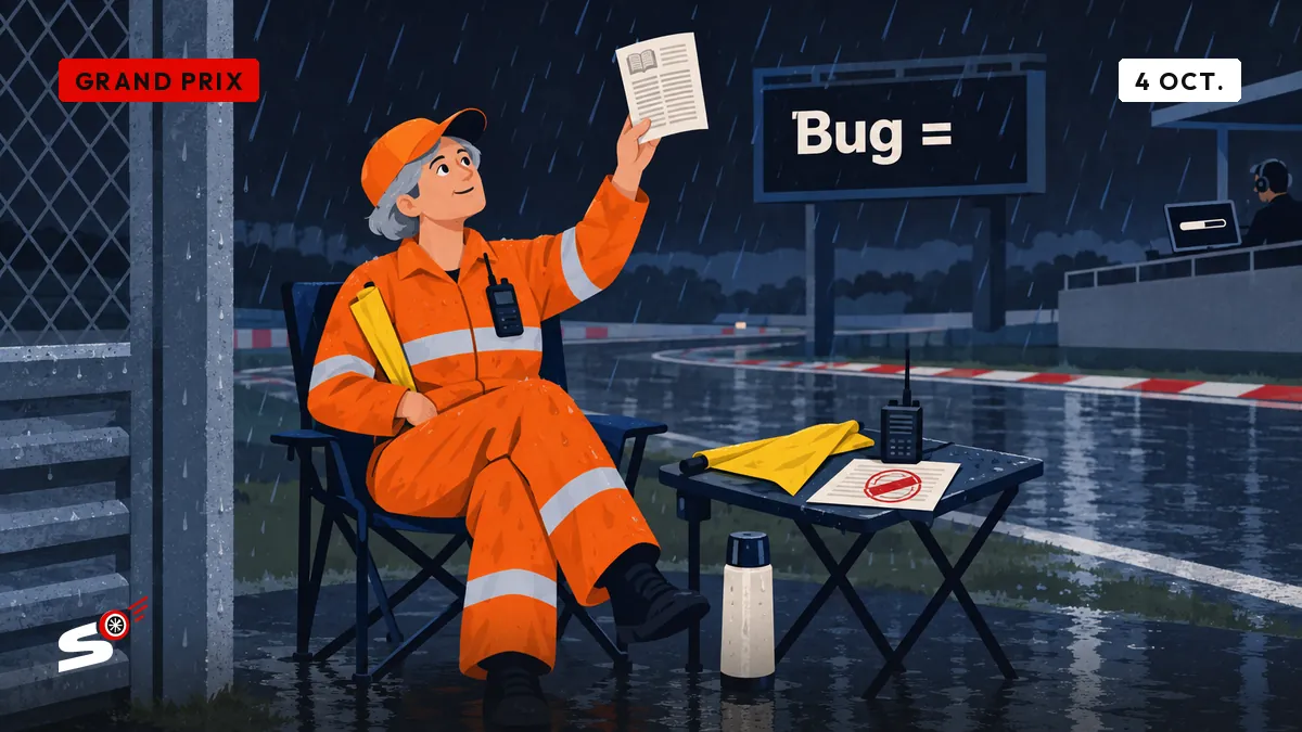 Josiane, commissaire en orange, sur une chaise de camping sous la pluie, thermos aux pieds, lit une page de dictionnaire levée comme un drapeau.