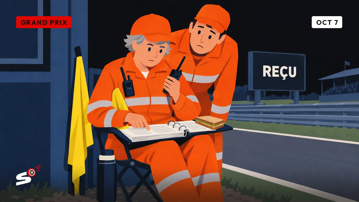 Josiane, in orange marshal overalls, searches a binder for an answer, radio in hand, on a camping chair beside a thermos.