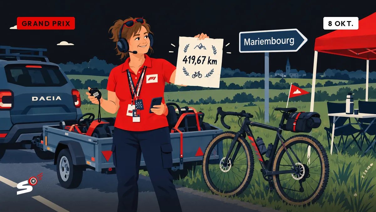 Fabienne houdt een diploma omhoog bij een gravelfiets tegen de aanhanger van een Dacia, onder een tentje langs de weg.