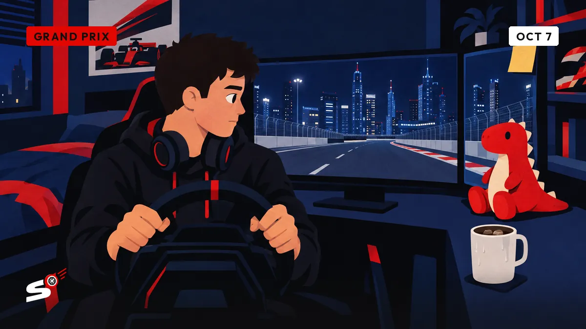 Nathan at his racing simulator looks sideways at a plush dinosaur beside a screen showing an empty night street circuit.