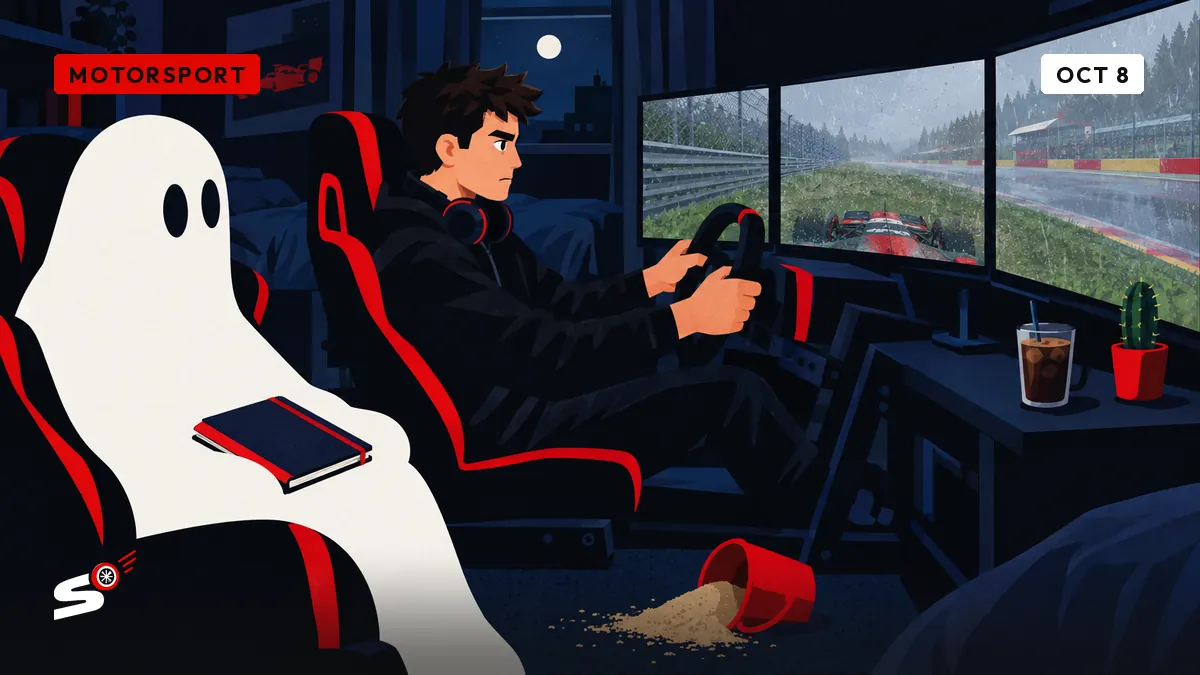Nathan in his sim cockpit drives through the grass beside Spa on screen, with sand on the floor, a cactus and a ghost co-driver beside him.