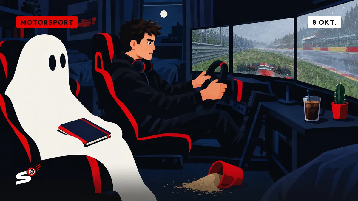 Nathan zit in zijn simulatorcockpit en rijdt op het scherm door het gras naast Spa; zand op de vloer, een cactus en een spookcopiloot naast hem.