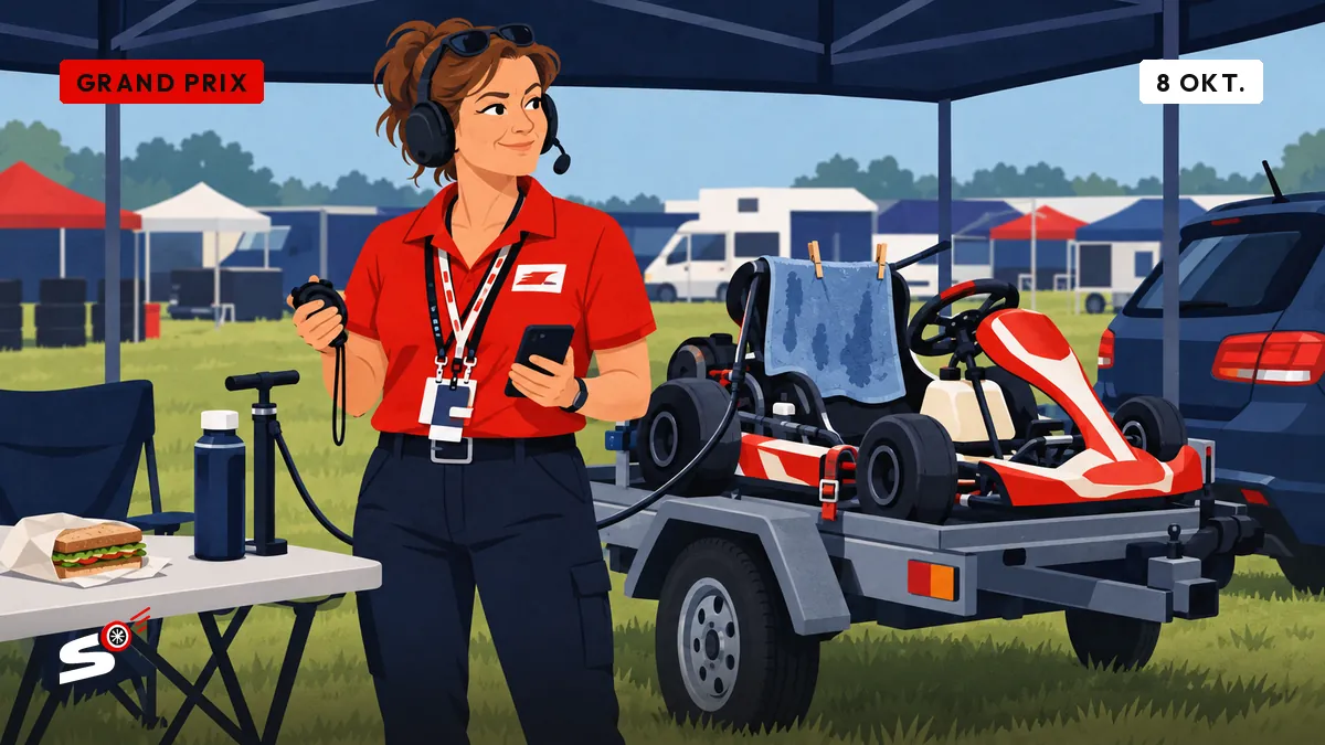 Fabienne met headset onder een partytent bij een kart op een aanhanger, waar een natte doek als koelvest dient.