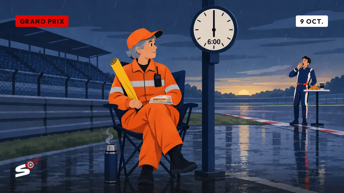 Josiane, commissaire en orange, assise sur une chaise de camping sous la pluie à six heures, thermos aux pieds, face à une horloge.