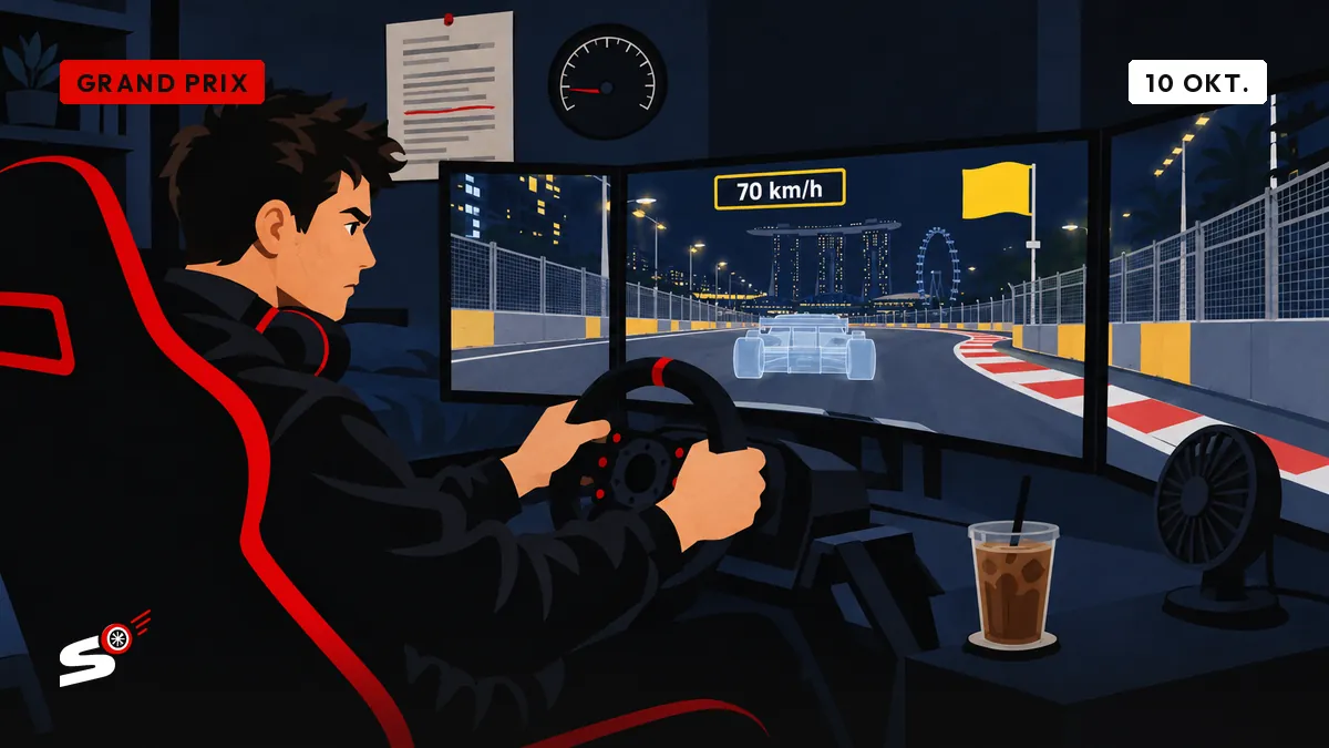 Nathan zit in zijn slaapkamer vol simulator en speelt een bocht onder gele vlag opnieuw, met een document van de stewards aan de muur.
