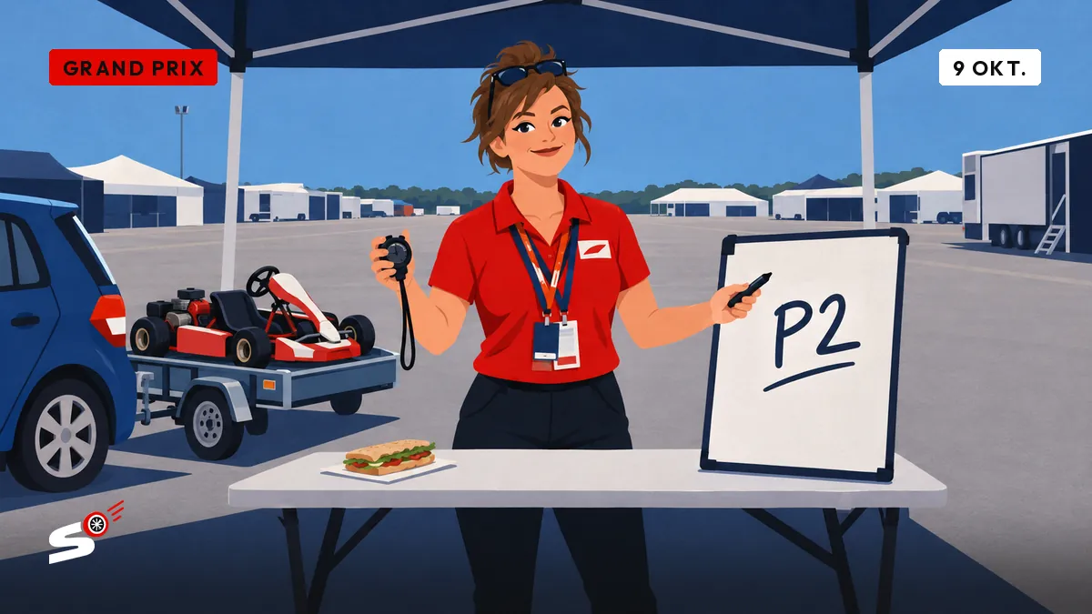 Fabienne presenteert in teampolo trots een bord "P2" onder een tent, met een kart op een aanhanger, een stopwatch en een broodje.