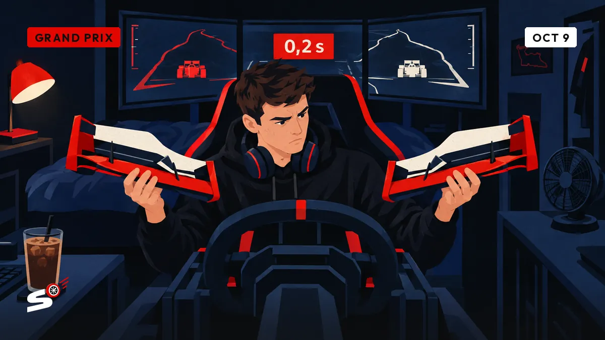 Nathan in his bedroom cockpit compares two front wings in front of a screen showing two ghost laps side by side.