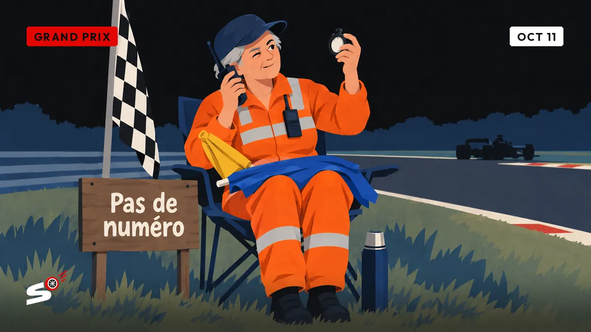Josiane, a marshal in orange on a camping chair, eyes a stopwatch suspiciously, radio at her ear, thermos at her feet.