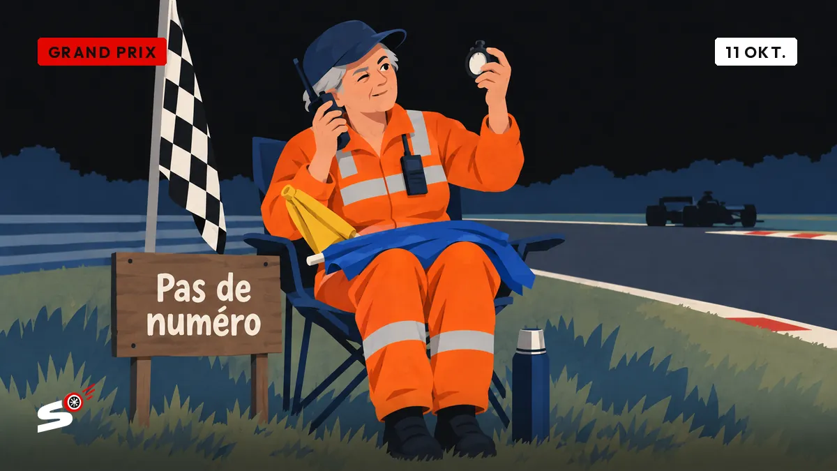 Josiane, baanmaarschalk in oranje op een campingstoel, kijkt wantrouwig naar een stopwatch met een portofoon aan het oor en een thermos aan haar voeten.