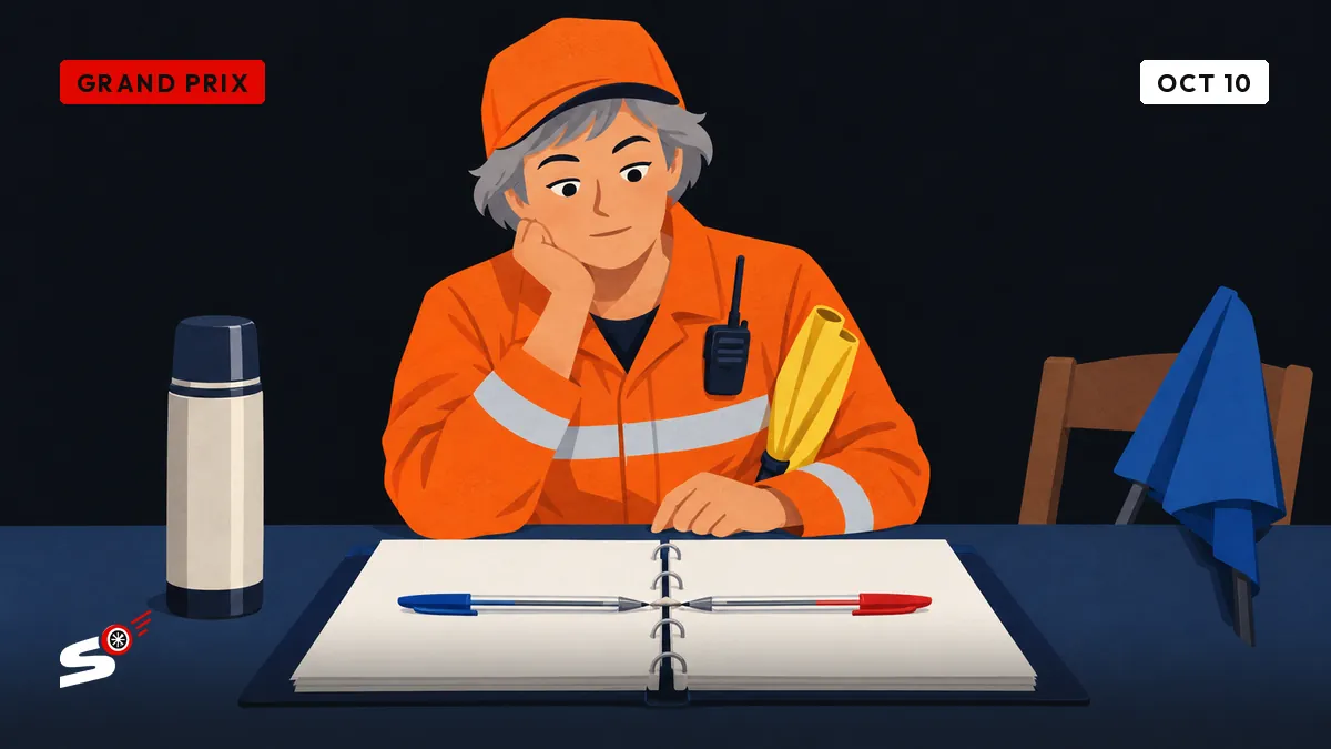 Josiane in orange overalls at a kitchen table studies two pens touching on a binder, a thermos beside her and a folded blue flag on a chair.
