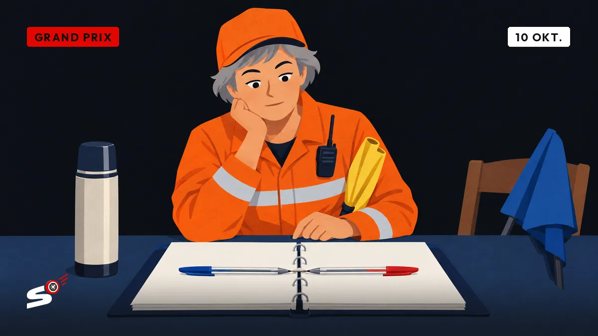 Josiane in oranje overall zit aan een keukentafel en bekijkt twee pennen die elkaar raken op een ordner, met een thermos en een opgevouwen blauwe vlag.