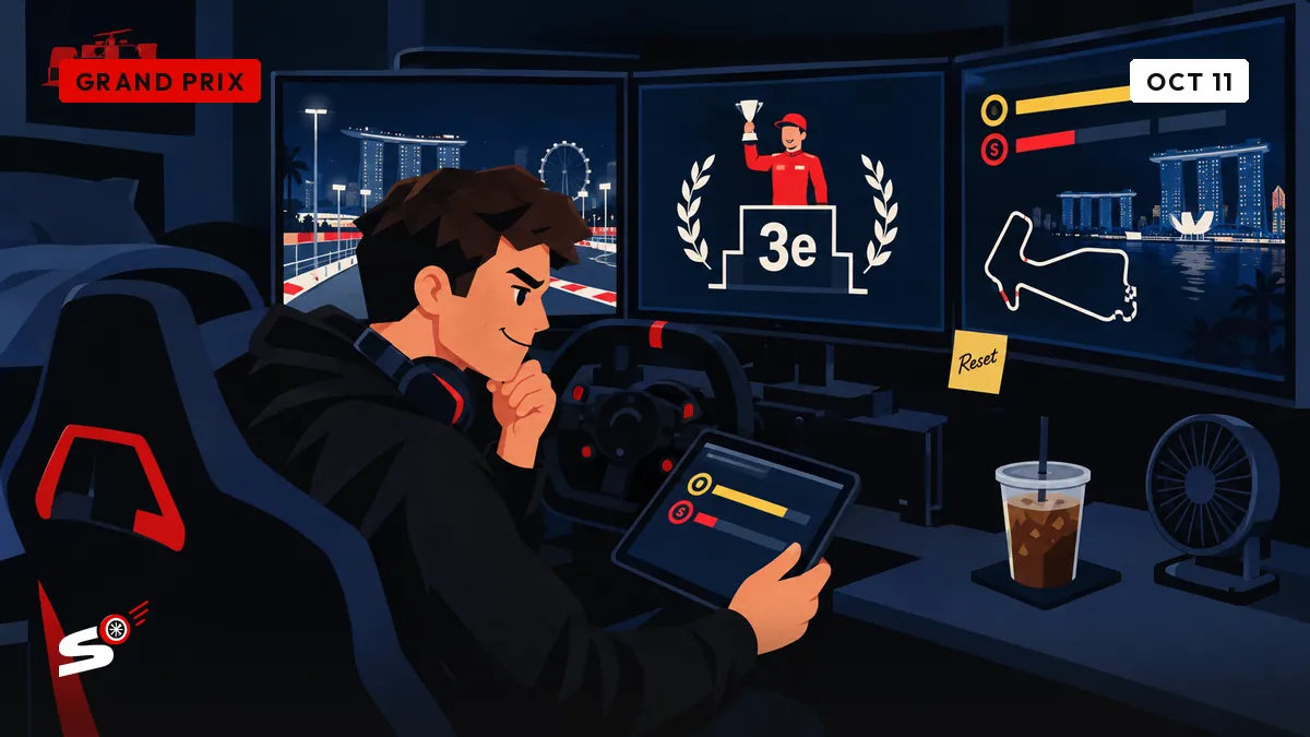 Nathan in his Genk bedroom cockpit stares at a strategy screen showing him in third place, with a Reset sticky note on the monitor.