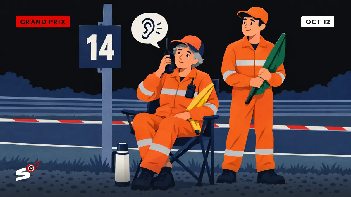 Josiane in orange overalls on a camping chair at post 14 listens to her radio, thermos at her feet, her reserve beside her.