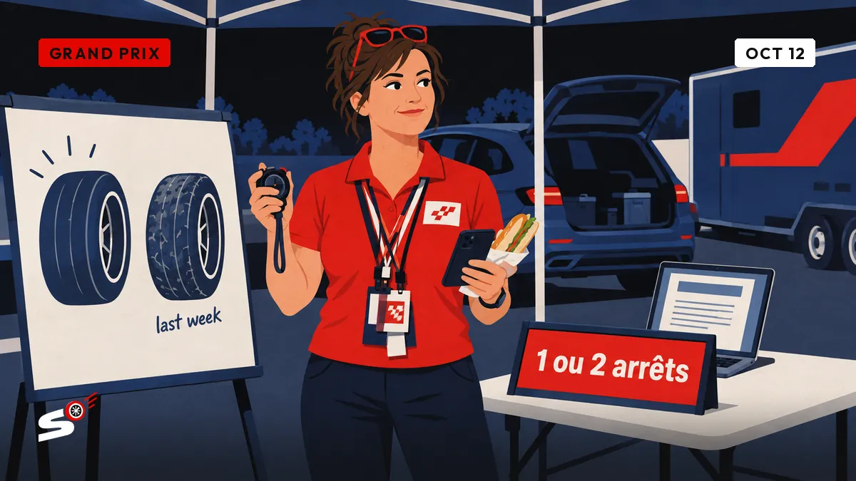 Fabienne holds a stopwatch and a sandwich under a gazebo, in front of a board with two tyre options, next to a hatchback and trailer.