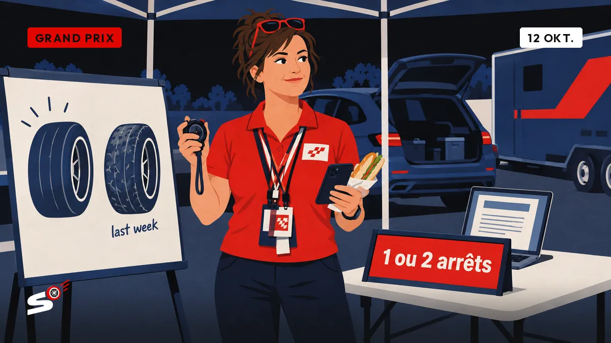 Fabienne met stopwatch en broodje onder een tent, voor een bord met twee bandenopties, naast een Dacia met aanhanger.