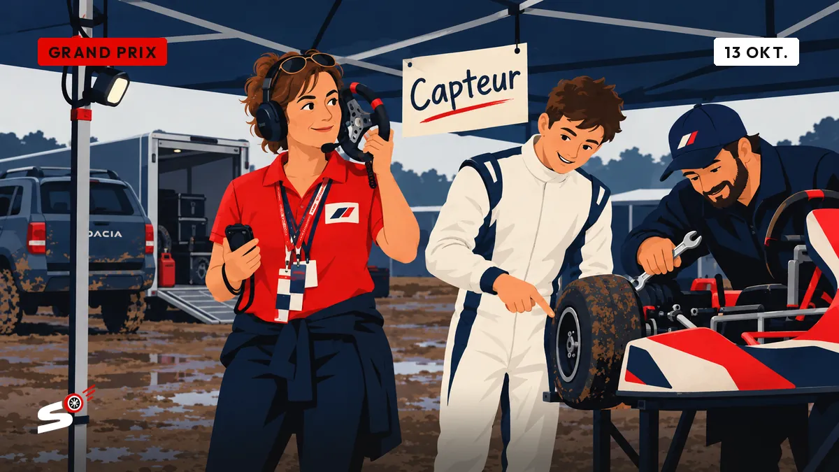 Fabienne met headset luistert onder een tent naar Florian, terwijl een monteur het wiel van een kart vervangt.