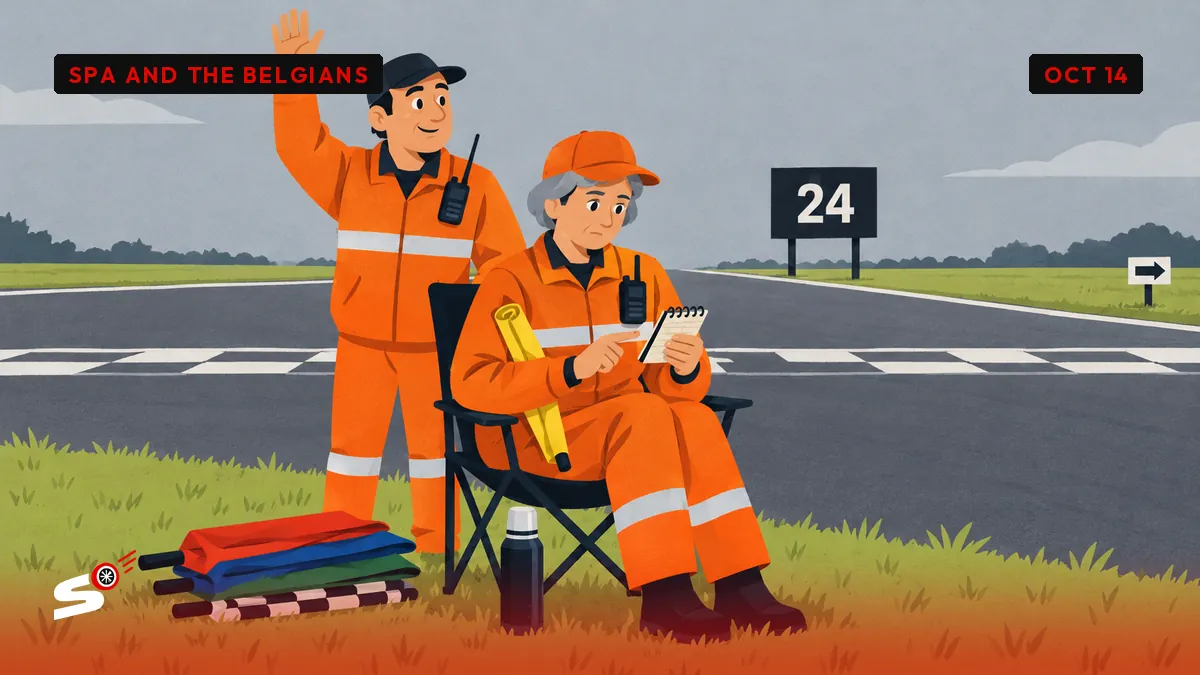Josiane in orange marshal gear sits on a camping chair counting a pocket calendar, thermos at her feet, Jean-Luc raising his hand.