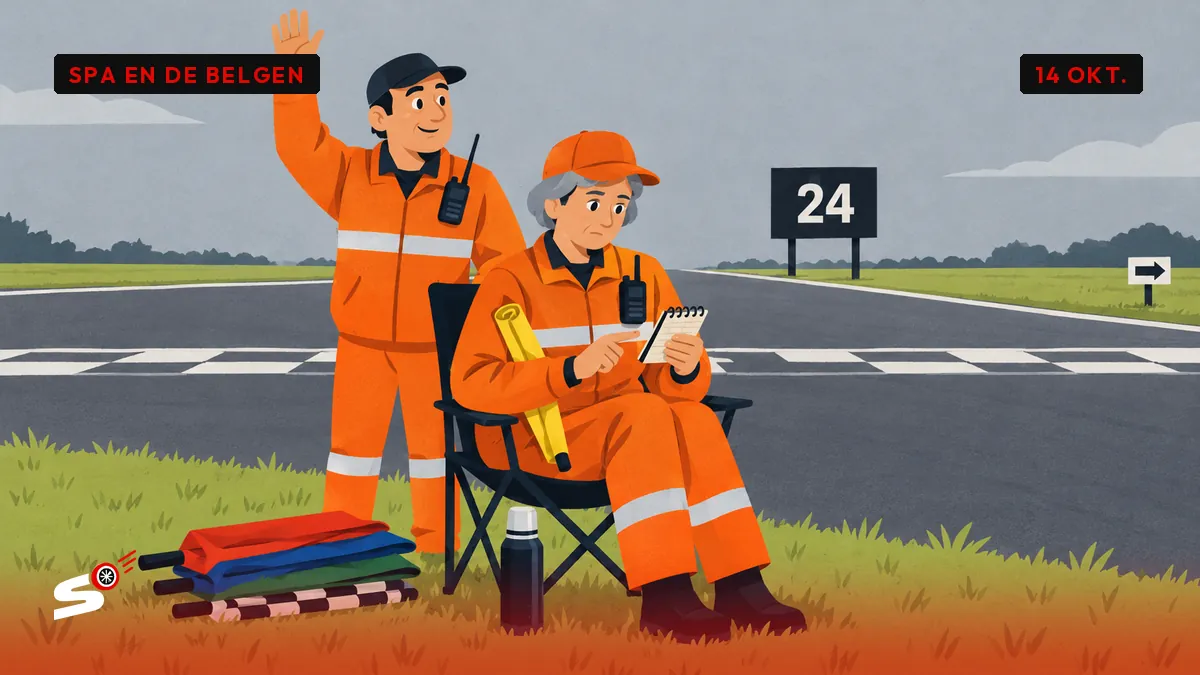 Josiane in oranje overall zit op een campingstoel en telt een zakkalender, thermos aan haar voeten, Jean-Luc steekt enthousiast zijn hand op.